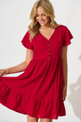Red Linen Blend Smock Dress
